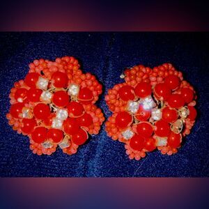 Vintage Original by Robert Orange red coral Beaded clip Earrings